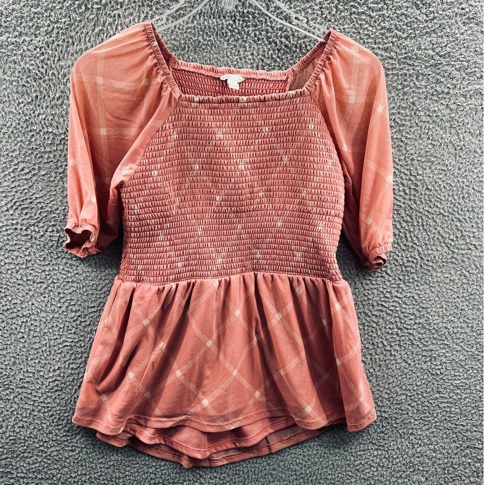 Womens Smocked Peplum Top M Pink Puff Sleeve Cottagecore Boho‎ Romantic Blouse